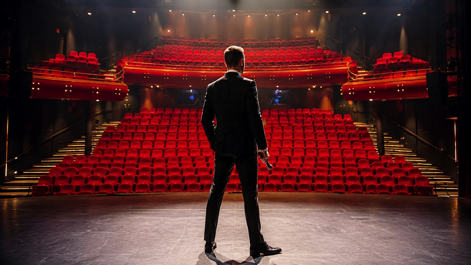 Rick Weegels op een leeg theaterpodium, gezien vanuit de zaal